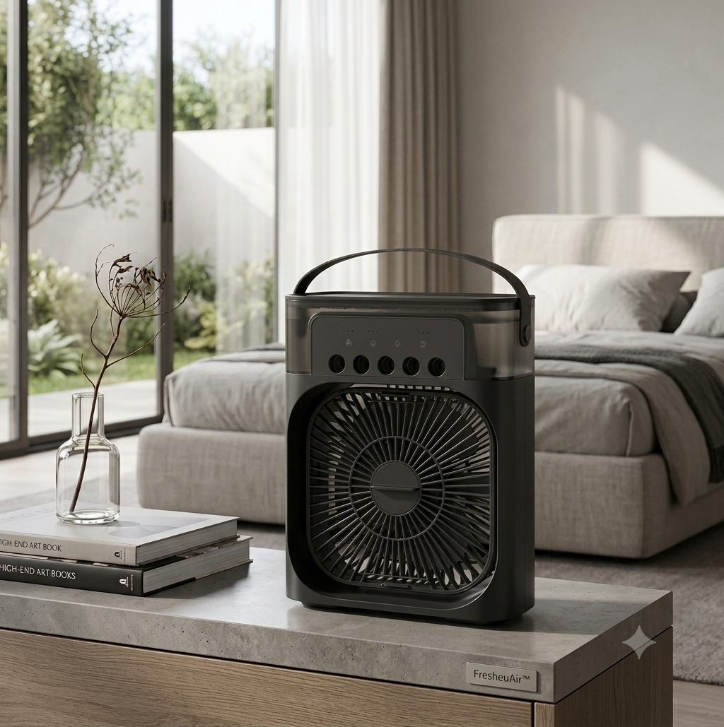 FresheuAir™ CoolCube Pro – Mini climatiseur 3-en-1 avec brumisateur, réservoir de 600 ml, éclairage LED et USB-C