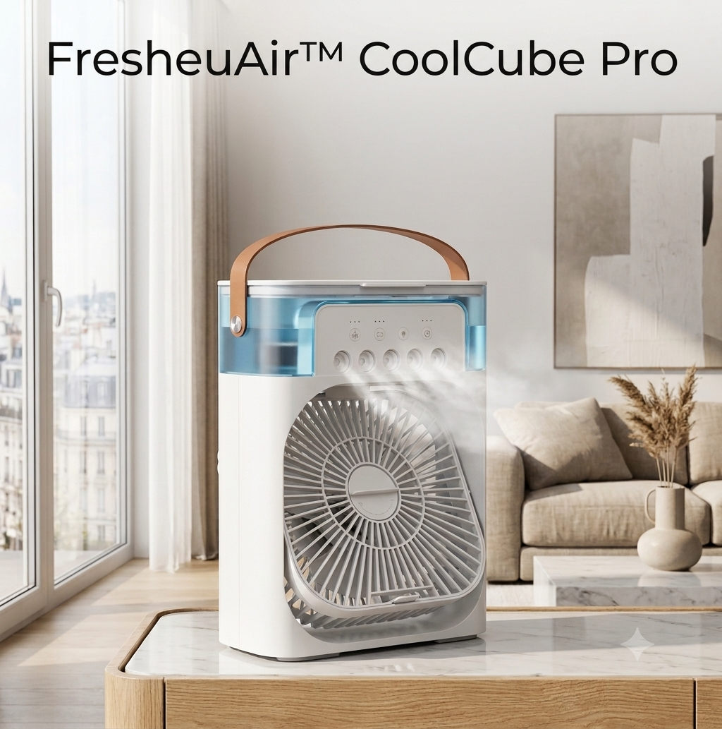 FresheuAir™ CoolCube Pro – Mini Climatiseur 3-en-1 avec Brumisateur, Réservoir 600 ml, Éclairage LED & USB-C