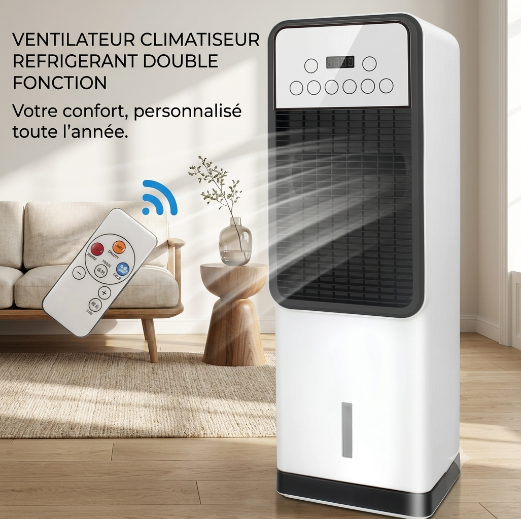 FresheuAir™ Arctic Tower Pro – Climatiseur d'Air Portable Sans Pales avec Refroidissement à Eau, Télécommande & Fonction Chauffage