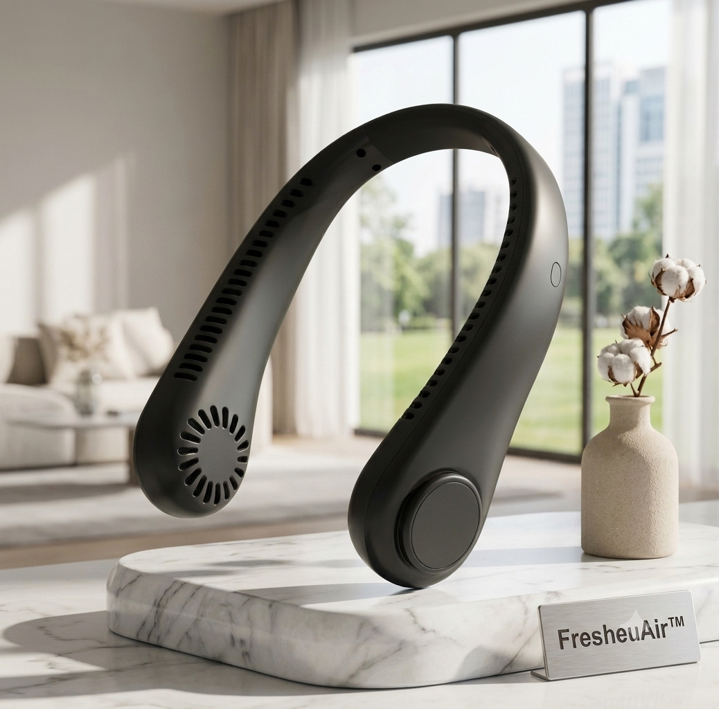 FresheuAir™ NeckBreeze Pro – Rechargeable USB Bladeless Neck Fan with Digital Display