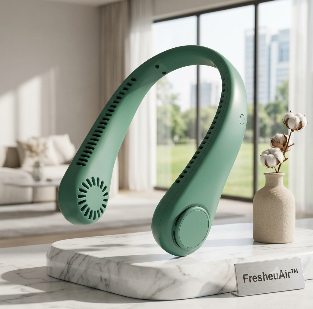FresheuAir™ NeckBreeze Pro – Rechargeable USB Bladeless Neck Fan with Digital Display