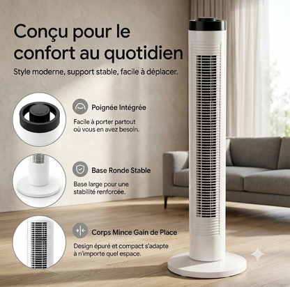 FresheuAir™ AeroTower – Ventilateur colonne sans pales 79 cm, télécommande, oscillation 90°, 3 vitesses, moteur silencieux 60W