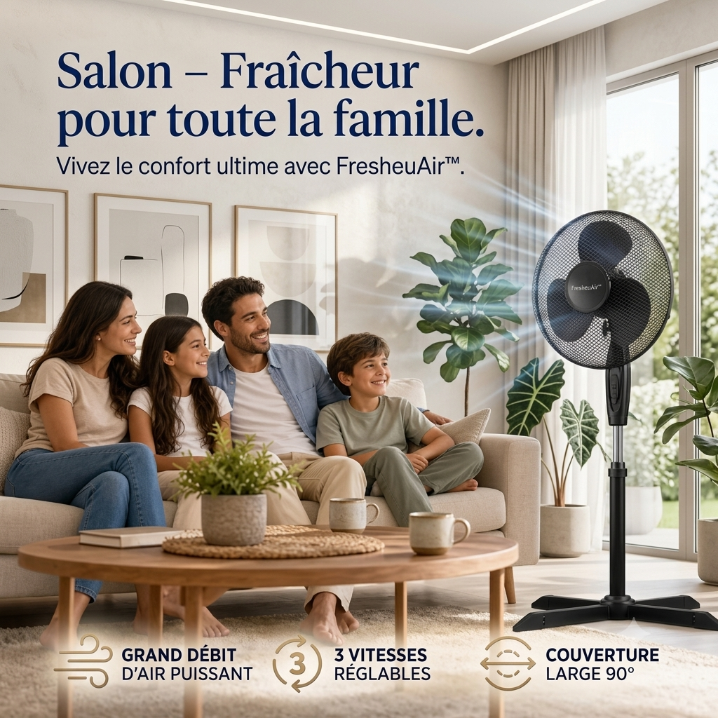 FresheuAir™ PureBreeze – Ventilateur Oscillant 90°, Hauteur Réglable 105–125 cm, 3 Vitesses, Moteur Silencieux & Économe en Énergie