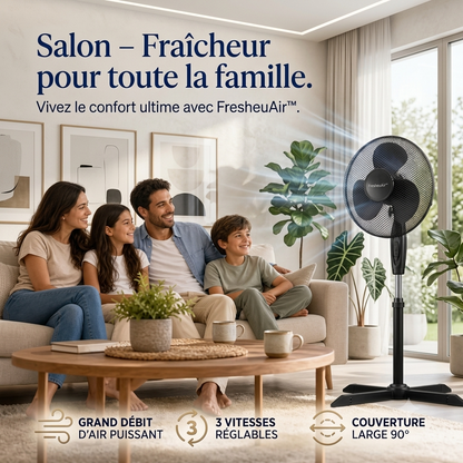 FresheuAir™ PureBreeze – Ventilateur Oscillant 90°, Hauteur Réglable 105–125 cm, 3 Vitesses, Moteur Silencieux & Économe en Énergie