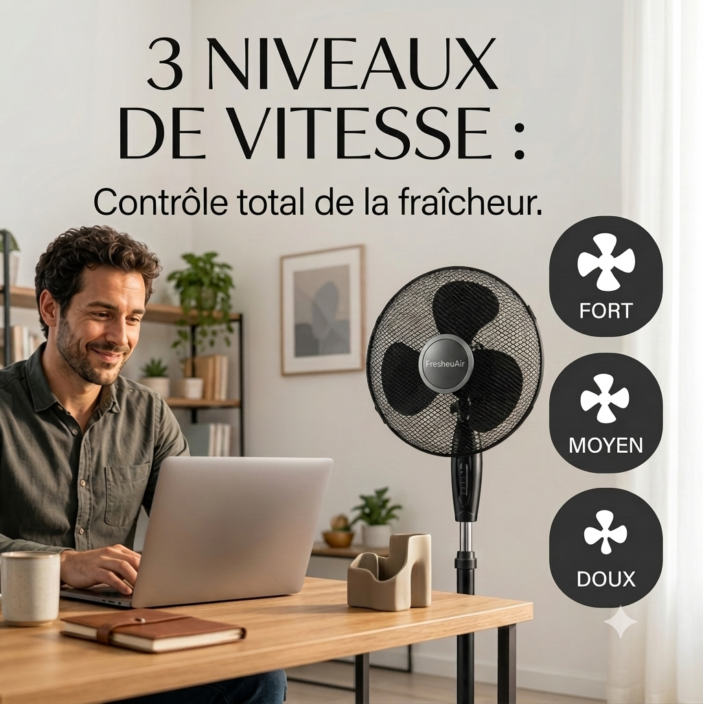FresheuAir™ PureBreeze – Ventilateur Oscillant 90°, Hauteur Réglable 105–125 cm, 3 Vitesses, Moteur Silencieux & Économe en Énergie