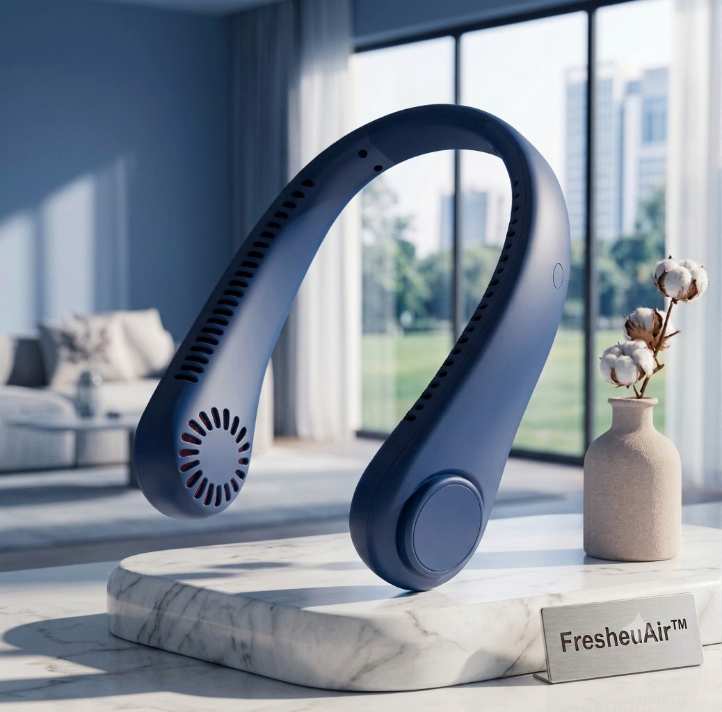 FresheuAir™ NeckBreeze Pro – Rechargeable USB Bladeless Neck Fan with Digital Display