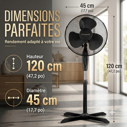 FresheuAir™ PureBreeze – Ventilateur Oscillant 90°, Hauteur Réglable 105–125 cm, 3 Vitesses, Moteur Silencieux & Économe en Énergie