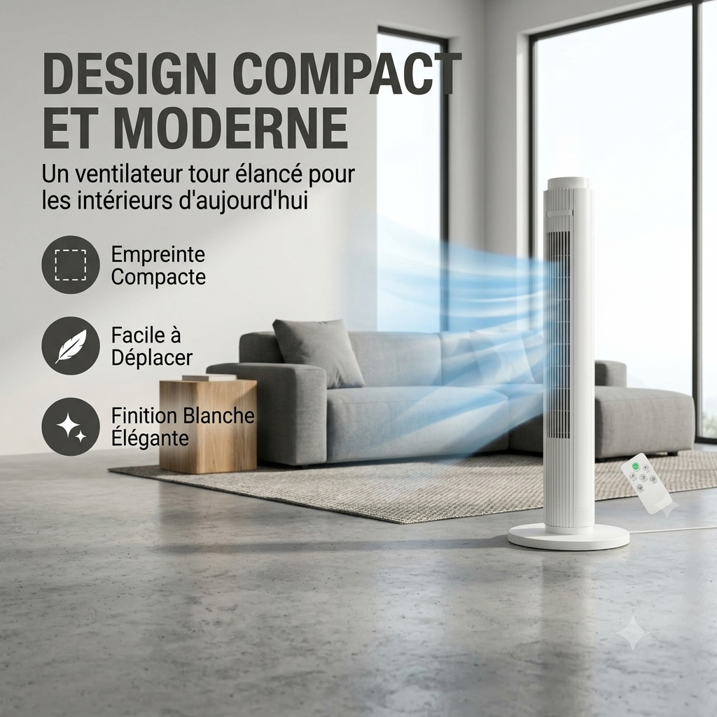 FresheuAir™ AeroTower – Ventilateur colonne sans pales 79 cm, télécommande, oscillation 90°, 3 vitesses, moteur silencieux 60W