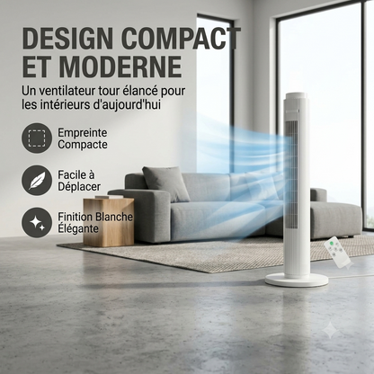 FresheuAir™ AeroTower – Ventilateur colonne sans pales 79 cm, télécommande, oscillation 90°, 3 vitesses, moteur silencieux 60W