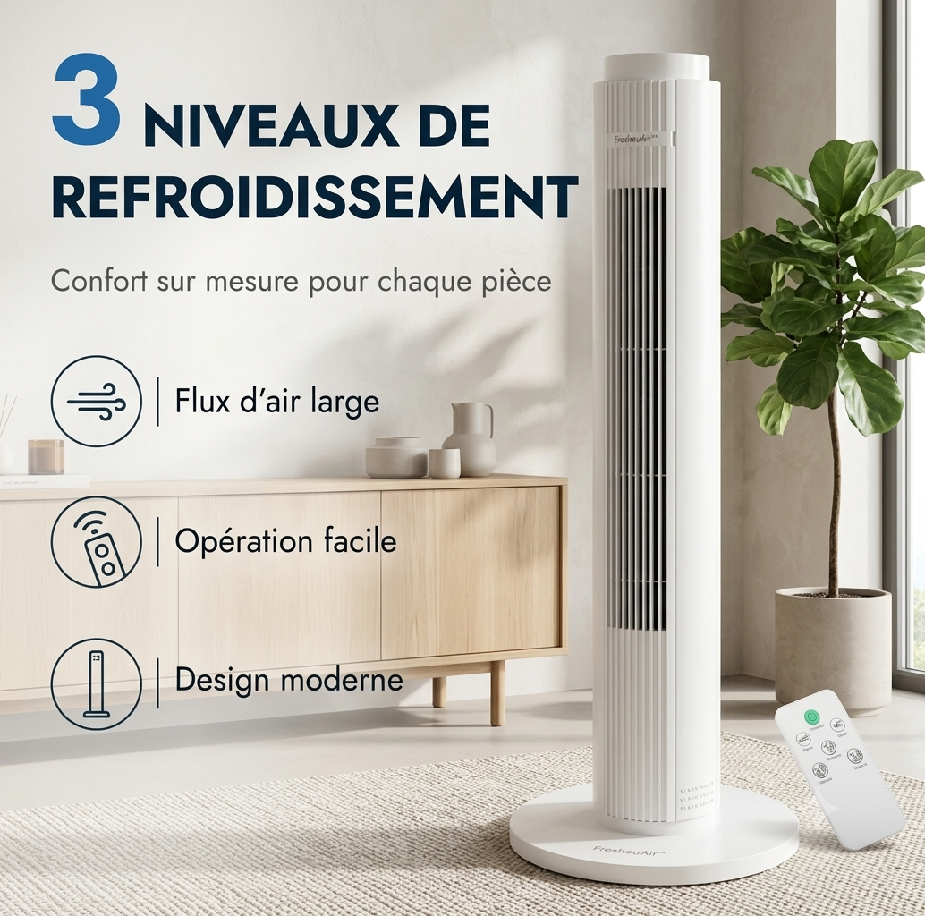 FresheuAir™ AeroTower – Ventilateur Colonne Sans Pales 79 cm, Télécommande, Oscillation 90°, 3 Vitesses, Moteur Silencieux 60W