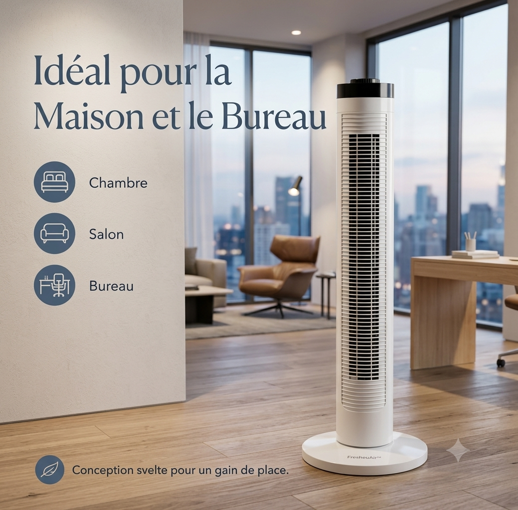 FresheuAir™ AeroTower – Ventilateur colonne sans pales 79 cm, télécommande, oscillation 90°, 3 vitesses, moteur silencieux 60W