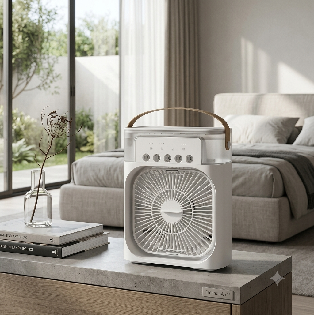 FresheuAir™ CoolCube Pro – Mini Climatiseur 3-en-1 avec Brumisateur, Réservoir 600 ml, Éclairage LED & USB-C