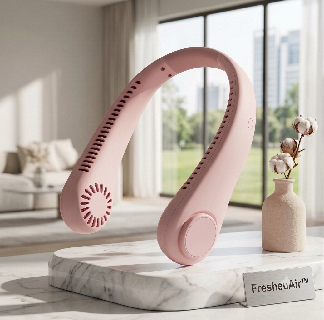 FresheuAir™ NeckBreeze Pro – Rechargeable USB Bladeless Neck Fan with Digital Display