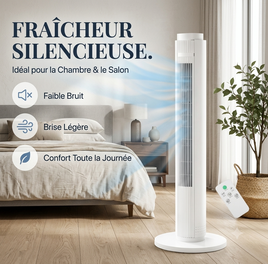 FresheuAir™ AeroTower – Ventilateur colonne sans pales 79 cm, télécommande, oscillation 90°, 3 vitesses, moteur silencieux 60W